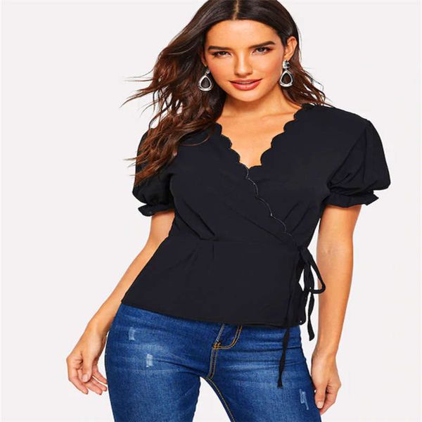 

v-neck slim bandage short bubble sleeve shirt t-shirt, Black;gray