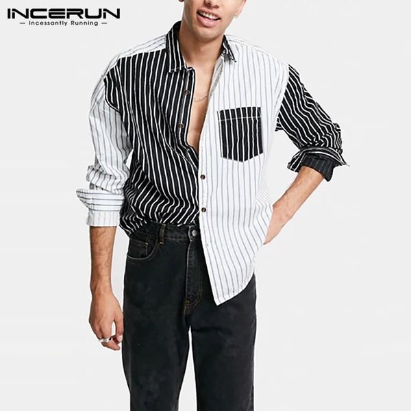 

incerun men casual shirt striped patchwork lapel button streetwear brand shirts long sleeve fashion chic camisas hombre s-5xl c1212, White;black