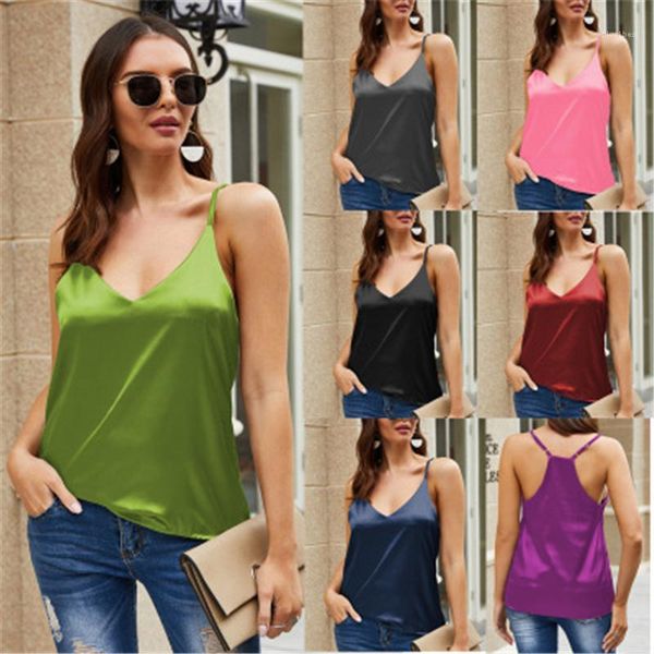 

womens solid color vest fashion trend silk sling sleeveless vest summer female new deep v neck casual camisole tanks, Black;white