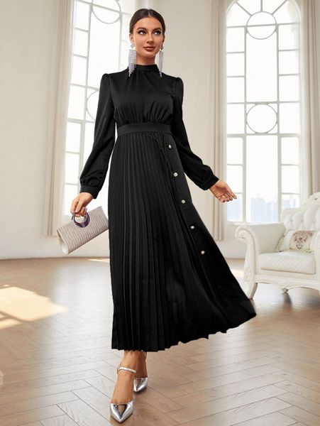 

button detail pleated hem dress f7qk#, Black;gray