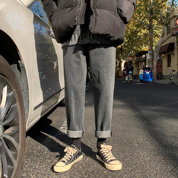 

men's jeans straight men's fashion washed solid color casual retro jean pants men streetwear wild hip hop loose trousers mens1, Blue