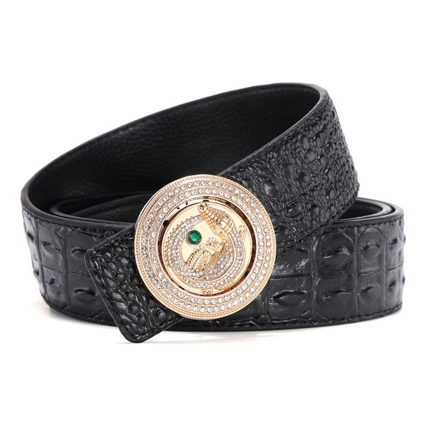 

latest men belt crocodile cow genuine leather luxury strap male belts for man diamond rotate buckle round, Black;brown