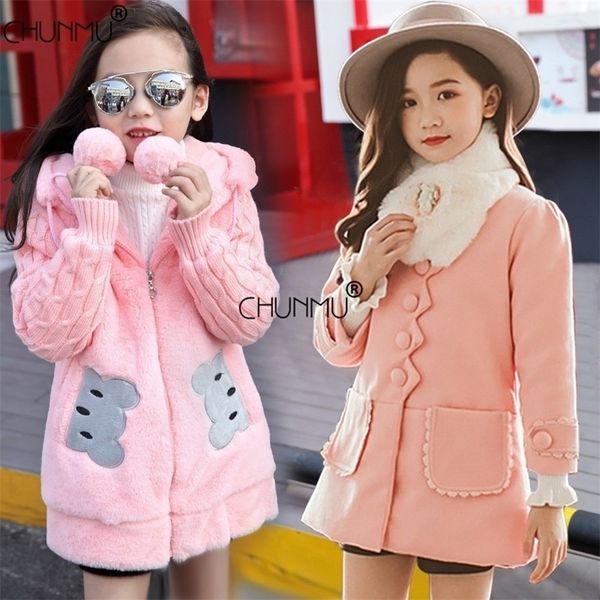 

girls warm winter coat thickened faux fur fashion long kids hooded jacket coat for girl outerwear girls clothes 3-12 years old lj200831, Blue;gray