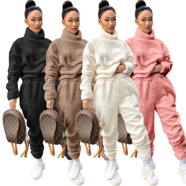 

women fleece sweatsuit solid color 2 piece set long sleeve hoodies+leggings winter thick jogger suit casual sportswear sports outfits 4171, White
