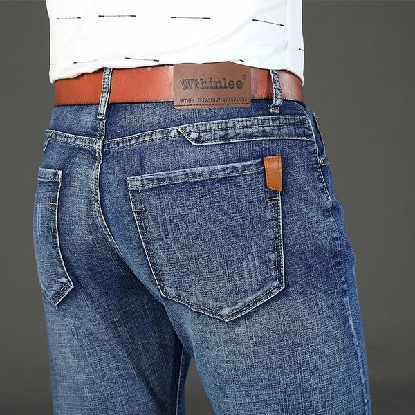 

men's jeans brand straight stretch male denim pants streetwear blue gray casual trousers fashion mens