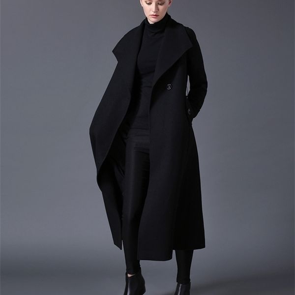 

winter women's wool coat lapel black dark blue long section listing large size 201104