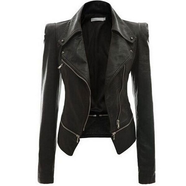 

bella philosophy fit motocycle jacket autumn slim faux leather coat for women plus size casual solid outwear with zipper 201030, Black