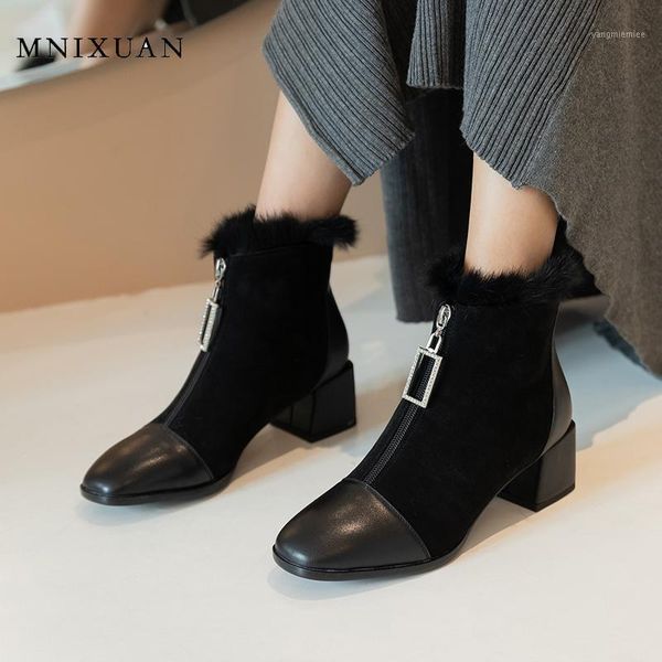 

mnixuan fashion boots winter boots with fur women 2020 square toe block heel shoes high heel ankle black booties1