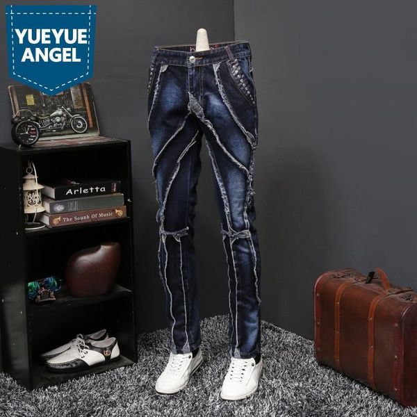 

new brand patchwork men denim pants streetwear classic blue fashion slim fit male distressed frayed punk style straight jeans