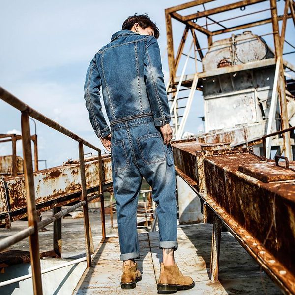 

men's jeans overalls japanese retro denim jacket suit men detachable tooling jumpsuit youth slim suspenders suit1, Blue