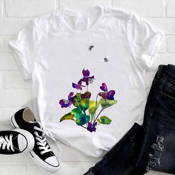 

women 2021 trend new arrival flower floral spring fashion lady clothes print tshirt female tee ladies graphic t shirt, White