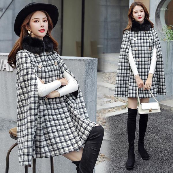 

yasuguoji warm detachable fur collar winter cloak women coat fashion double breasted plaid coats for women manteau femme rose1, Black
