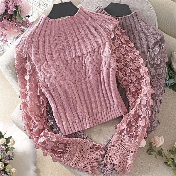 

three-dimensional circle bubble sleeve tight skinny short sweater sweater stitching round neck sweater women tide 201221, White;black