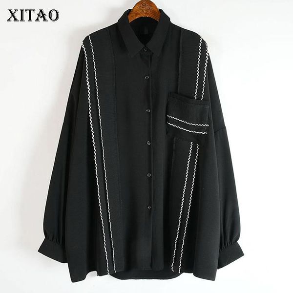 

xitao patchwork striped mesh blouse women casual trendy fashion new style turn down collar long sleeve single breasted zy3346, White