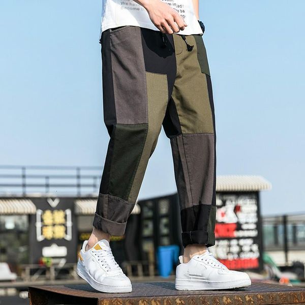 

new cargo pants men fashion patchwork ankle-length pants mens casual joggers sweatpant hip hop streetwear elastic waist trousers, Black