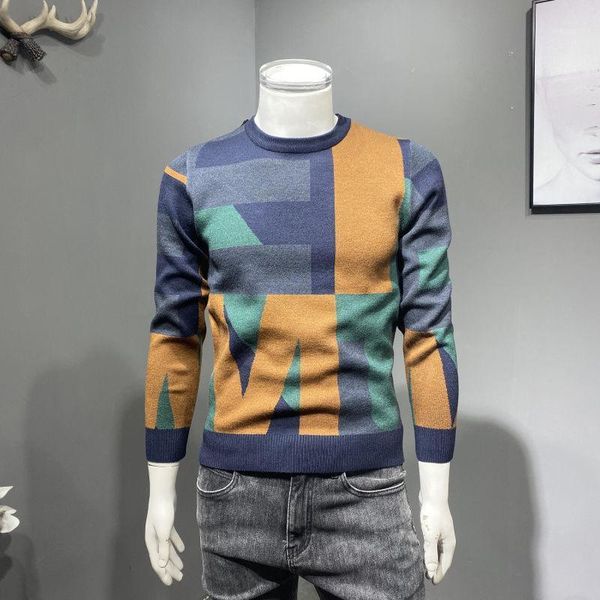 

2020 men's round neck plus velvet thick color block sweater simple casual sweater trend1, White;black