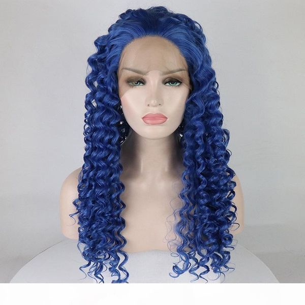 

curly synthetic lace front wigs blue color high temperature fiber hair long full curly dark blue hair wig cosplay, Black