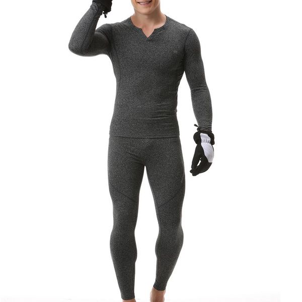

2pcs set men thermal underwear winter fleece lining thick warm v neck long sleeve pants long johns sets, Gray