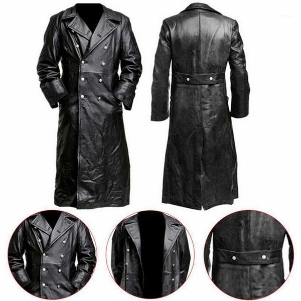 

button closure pu leather jacket long trench winter men's vintage business outerwear officer black coat1