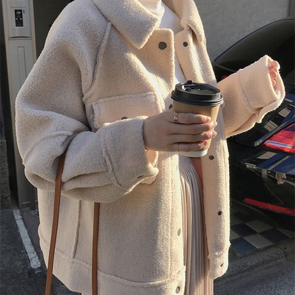 

early spring anti sheepskin coat female new loose plush coat shirt jacket 201106, Black;brown