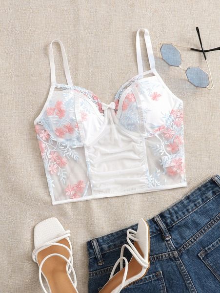 

floral embroidery bow front cami o7xx#, White