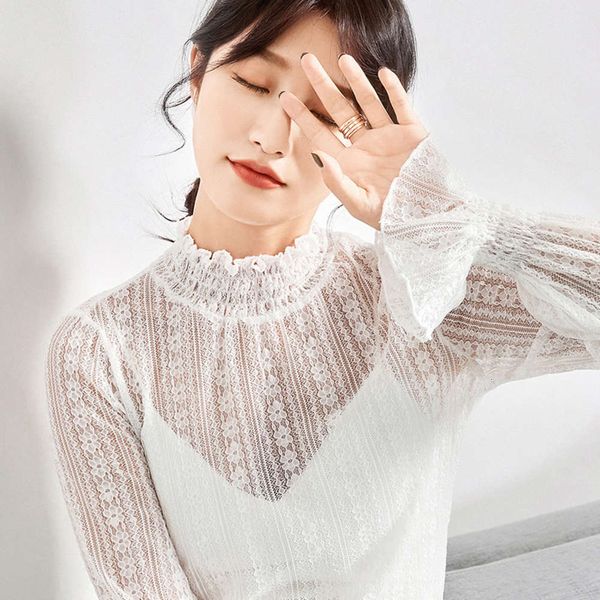 

half high collar base women's mh fashion small shirt foreign thin style outer sleeve super fairy lace inner top, White