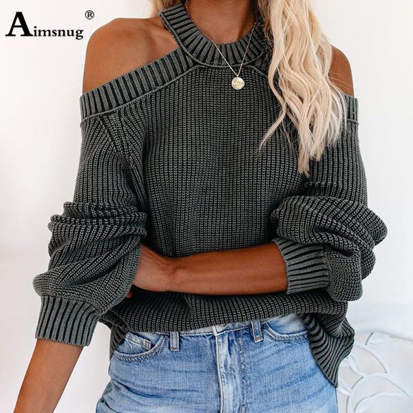 

aimsnug long sleeve halter sweaters hollow out shoulder pullovers sweater 2020 autumn fashion irregular female chic knitted 1, White;black