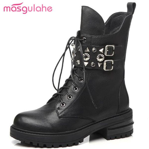 

masgulahe punk genuine leather boots round toe buckles ankle boots rivets thick heels motorcycle lace up womens shoes new, Black