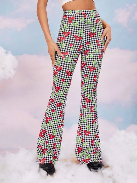 

high waist cherry & gingham print flare leg pants s0nm#, Black;white