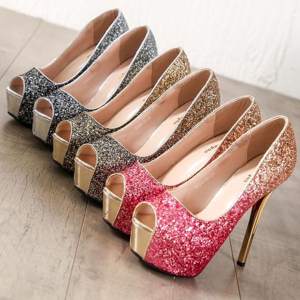 

dress shoes european style women shoe glitter wedding high heels 14/12cm platform female party pumps sequins gradient color bling, Black