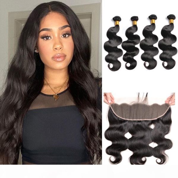

8a grade body wave human hair bundles with 13x4 ear to ear lace frontal virgin peruvian body wave human hair extensions, Black