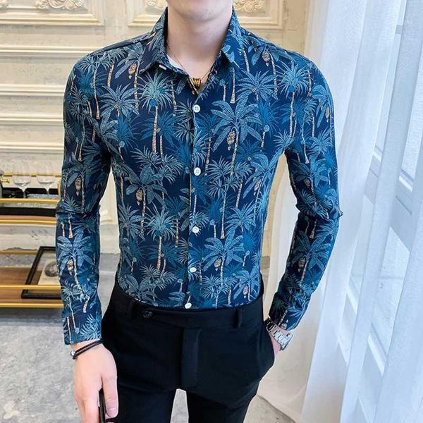 

gzdeerax orange tree printed mens shirts luxury all printing long sleeve mens dress shirts fashion slim fit party male1, White;black
