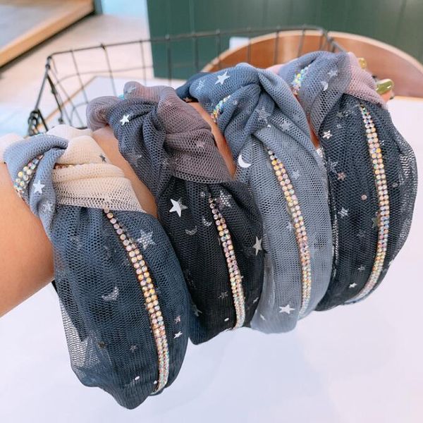 

2021 korean fashion women star knotted hair bands net yarn cross knot hair hoop women classic wide-edge diamond hair hoop accessories, Silver