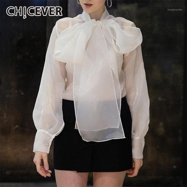 

chicever summer elegant white mesh perspective women's blouse bow collar lantern sleeve loose female clothing 2020 new1