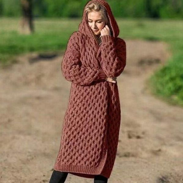 

new autumn winter long winter jacket women coat women warm ladies hoodies knitted solid long coat female plus size outwear, Black;brown