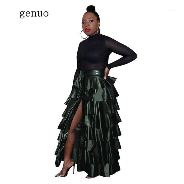 

cascading ruffle long skirts for women high waist single-breasted pu leather skirts clubwear parties solid plus size skirt1, Black