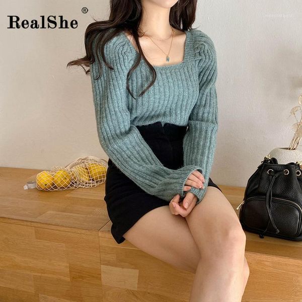 

women's sweaters realshe sweater woman pullover 2021 square collar long puff sleeve solid knitted women spring casual elegant sweaters1, White;black