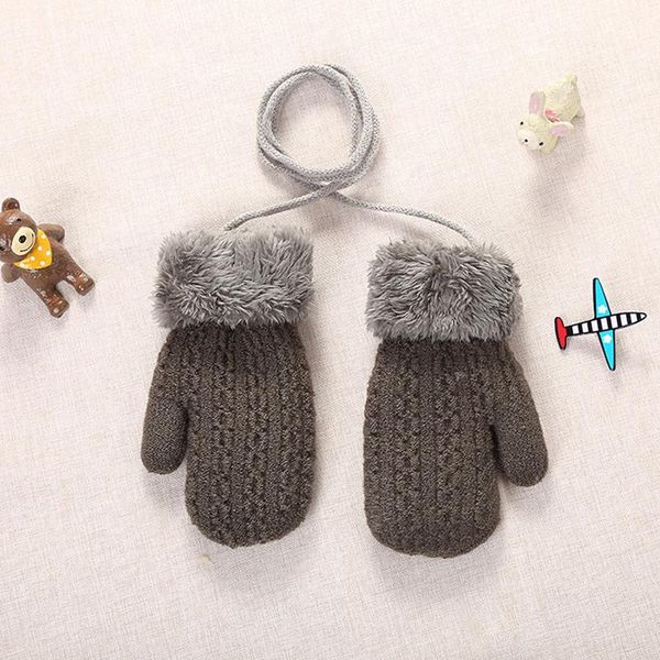 

five fingers gloves kids autumn winter double-layer knitted with hanging lanyard boys fashion outdoor thick warm soft mittens, Blue;gray