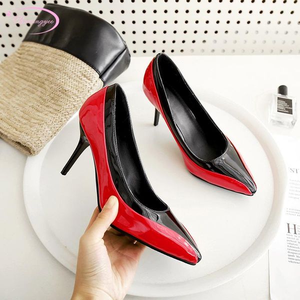 

british college style pointed toe pumps fashion slip-on match color paint green red high heel stiletto women's shoes, Black