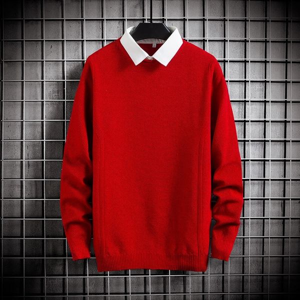 

fit knitted mens fake two-piece solid pullover sweater shirt pull up long sleeve jumper autumn male sweaters pullovers new 201130, White;black