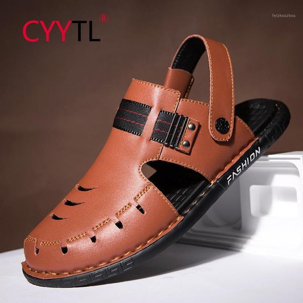 

cyytl summer leather shoes for men breathable sandals hollow out flats leather shoes beach sandals business1, Black