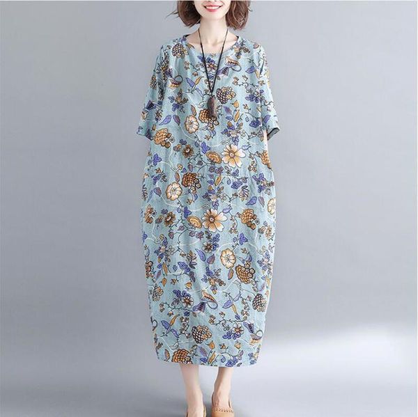 

summer new cotton hemp mingzu style literature and art fat mm200kg loose short sleeve dress, Black;gray