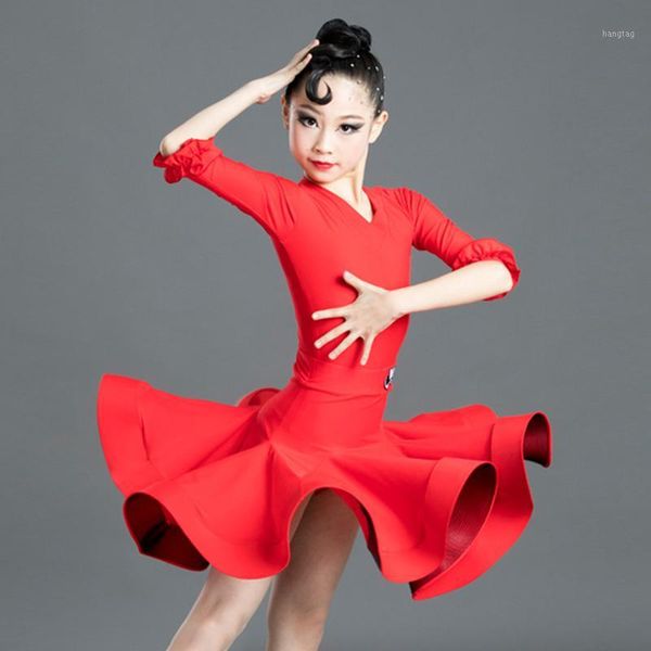 

girls latin dance dress red professional competition children's split performance suit rumba cha cha samba salsa wear dn52141, Black;red