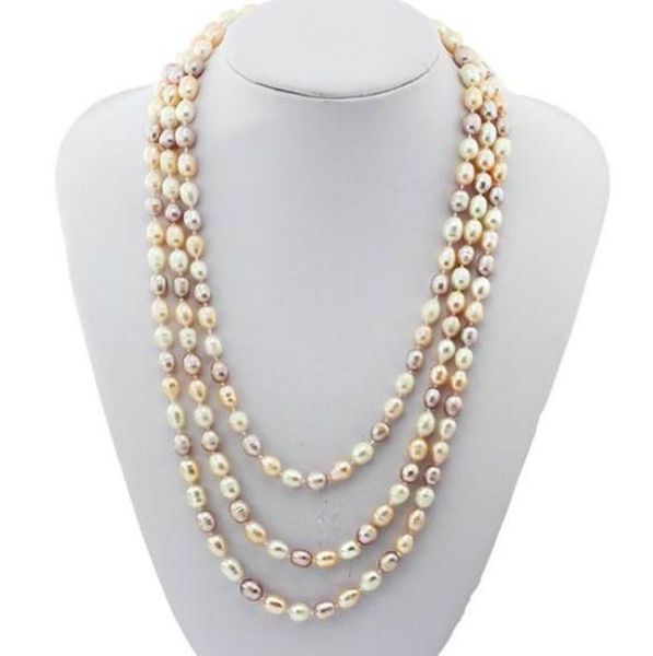 

7-8mm white pink purple mixed color rice shape natural pearl necklace 54inch single strand, Silver