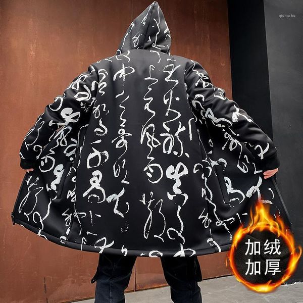 

korean style clothing men graffiti printed long men coat hip hop long gothic jacket male hooded trench coat dropshipping1, Tan;black