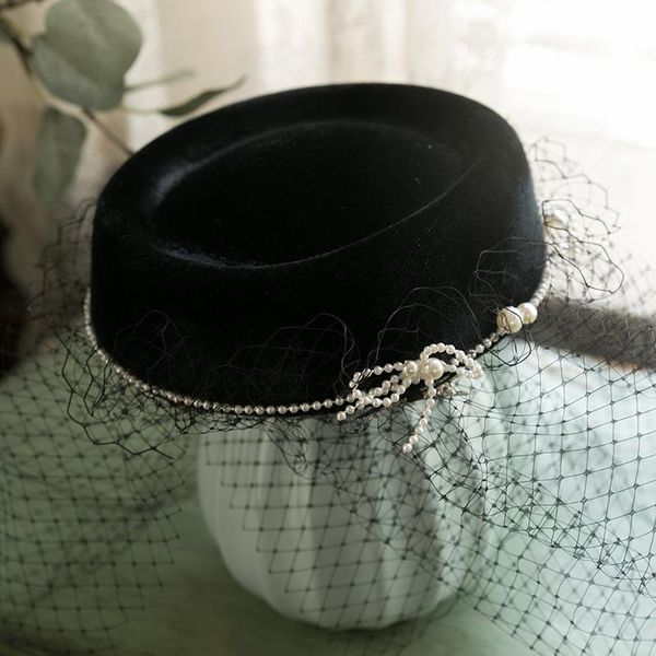 

2020 french women mini velvet fedora headwear black stewardess face veil hat hair accessories weeding pearl fascinator, Blue;gray
