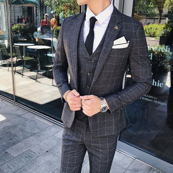 

4xl gentleman bridegroom wedding suits men british three piece business casual plaid blazers suits for men(blazer+vest+pants)1, White;black
