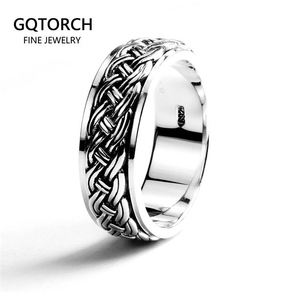 

rotatable mens rings vintage punk hemp rope design real 925 sterling silver fine jewelry q1114, Golden;silver