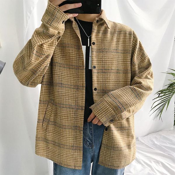 

plaid shirt men fashion retro casual loose long sleeve shirt man autumn new streetwear hip hop male clothes -2xl1, White;black