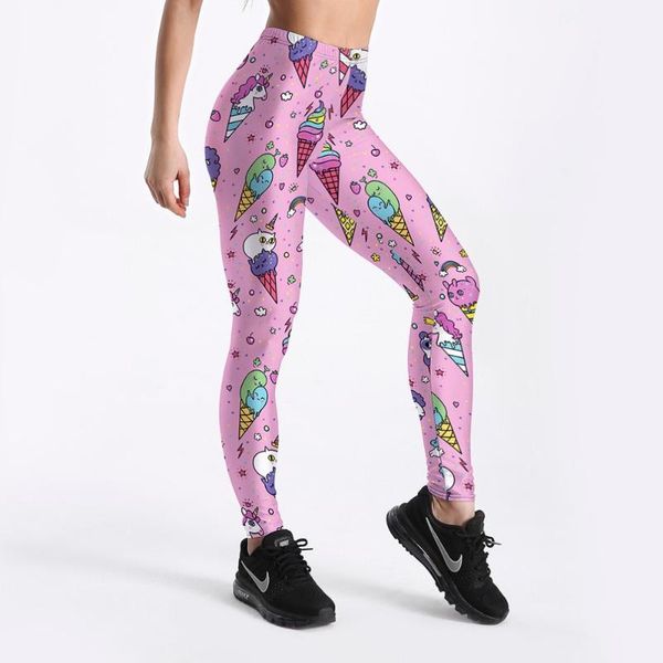 

women legging fashion workout fitness high waist pants trousers stripe ice cone printed lovely style women's leggings, Black